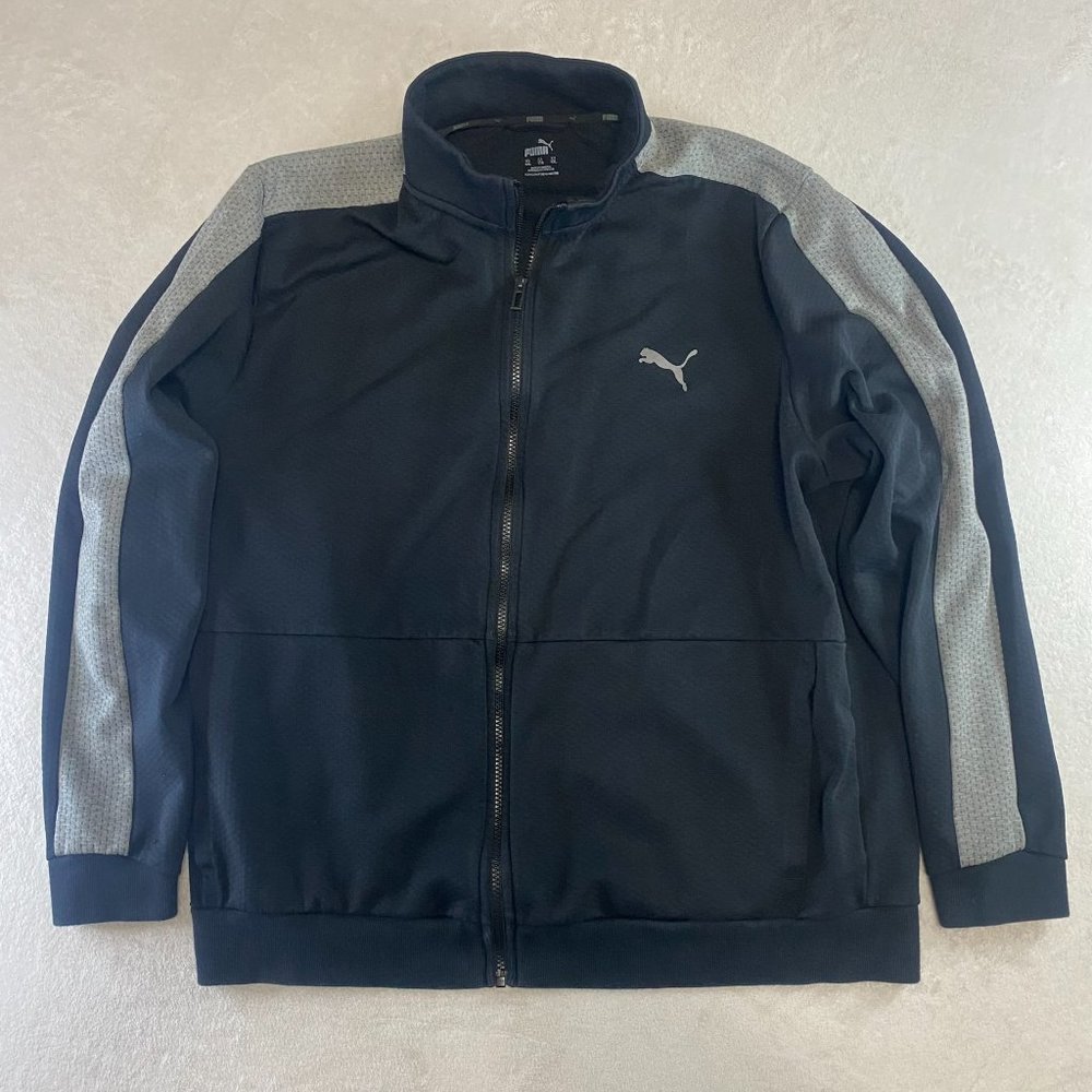 Puma Jacket Mens 2XL Gray Logo Black Full Zip Up Sweater Track Sweatshirt XXL